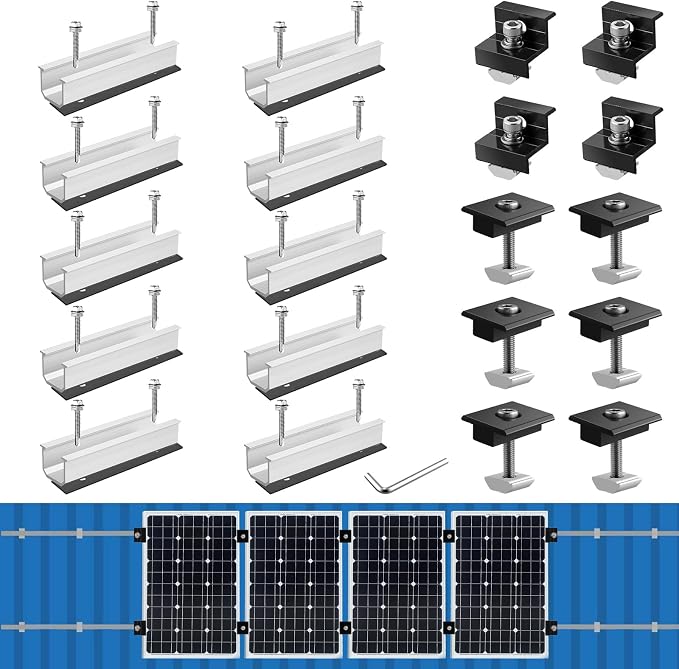 Anbte Solar Panel Mounting Kit for 4 Panels, 4.72 in Rails, Black & Silver | Included 10 x 4.72" Rails + 4 end Clamps + 6 Center Clamps + 1 Wrench, , Aluminum Solar Brackets for Roof, RV, Boat