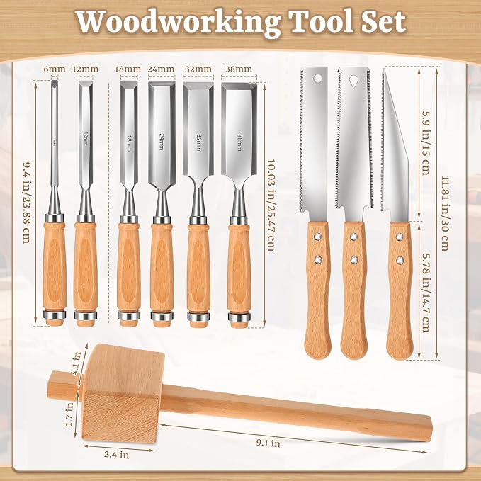 10 Pcs Woodworking Tools Set, Includes 6 Wood Chisel CR-V Steel Beveled Blades (1/4", 1/2", 3/4", 1", 1 1/4", 1 1/2"), 3 Japanese Hand Saws SK5 Blade & Solid Beech Mallet for Carpenter DIY