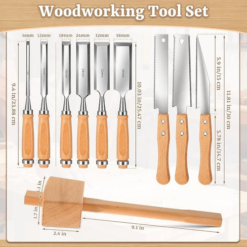 10 Pcs Woodworking Tools Set, Includes 6 Wood Chisel CR-V Steel Beveled Blades (1/4", 1/2", 3/4", 1", 1 1/4", 1 1/2"), 3 Japanese Hand Saws SK5 Blade & Solid Beech Mallet for Carpenter DIY