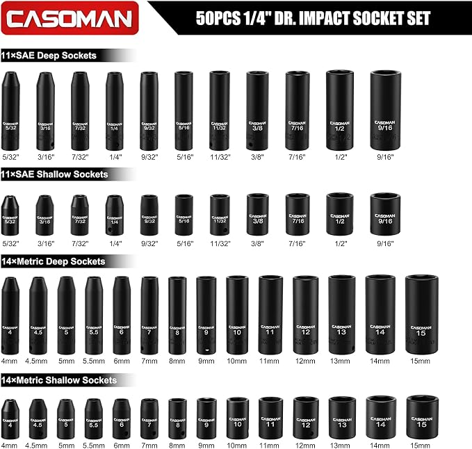 CASOMAN 1/4 Inch Drive Master Impact Socket Set, 50-Piece, 6-Point, SAE/Metric, 5/32 Inch - 9/16 Inch, 4mm - 15mm, Standard/Deep,CR-V