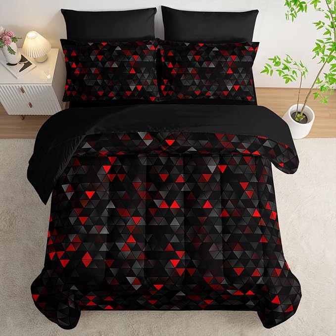 Nttopship Geometric Red Black Triangle King Size Comforter Set,Light Honeycomb Bedding Set 7 Piece in A Bag,Bed Sheet Set Geometry Decor,Microfiber Lightweight All Season