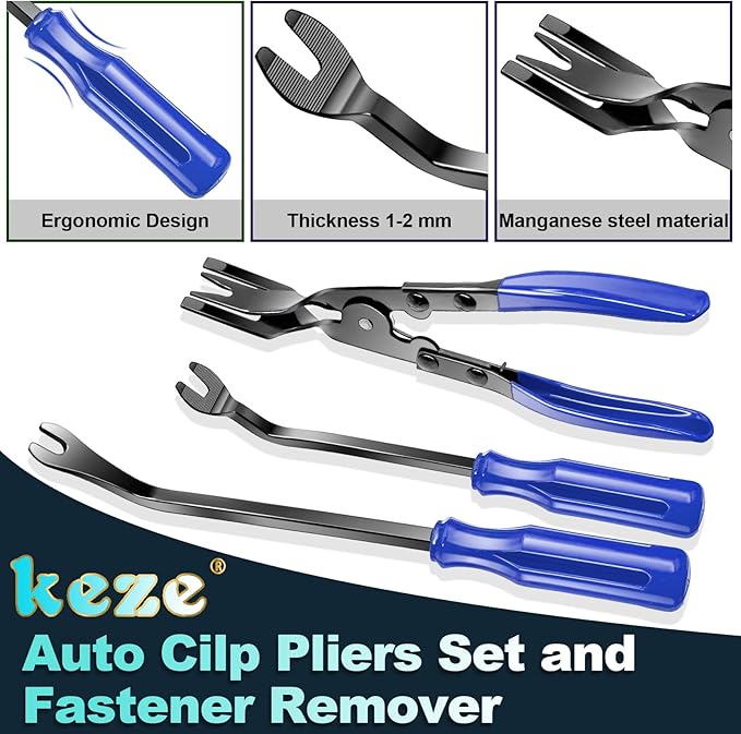 Keze 7 Pcs Auto Plastic Trim Removal Pry Tool & Clip Plier Remover Kit for Removal Car Body Upholstery Door Panel Dashboard Automotive Push Rivets Fasteners-Blue