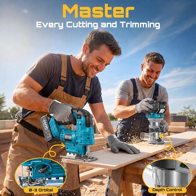 SEESII Cordless Jigsaw and Wood Router Tool Combo Kit | with Batteries and Charger, Brushless Aluminum Palm Router, 0-45° Bevel Jig Saw, Adjustable Speed for Cutting & Trimming