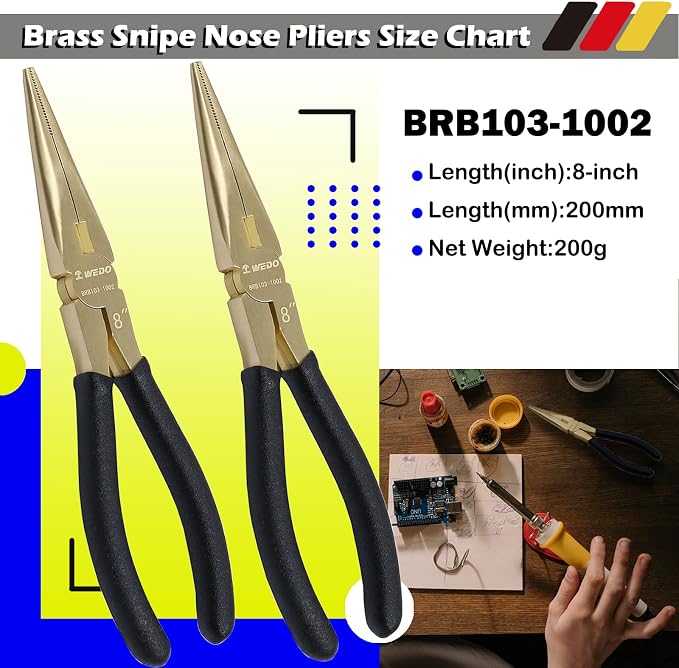WEDO 2-Piece Brass Pliers Set, 8" Long Nose and Snipe Nose Pliers With Non-Slip Handle, Length 200mm