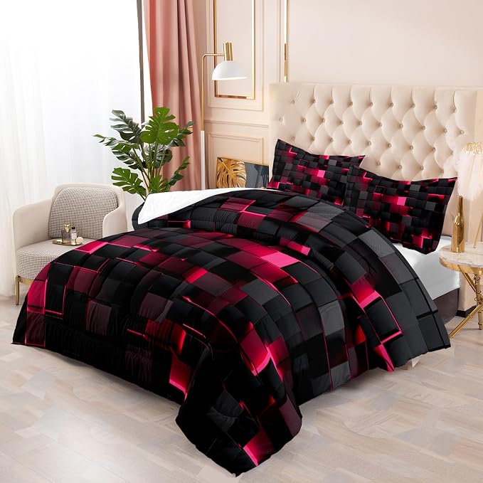 Nttopship Geometric Pink Black Comforter Set,Light Honeycomb 3 Piece Bedding Set Full Size for Teen Boys,Modern Quilt Set Geometry Decor,Microfiber Lightweight 1 Comforter 2 Pillowcases All Season