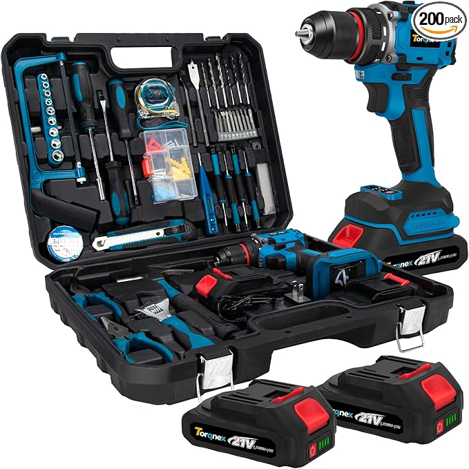 20V Brushless Cordless Drill Driver, 2×2.0Ah Batteries Fast Charger, 119PCS Power Drill Set for Home Renovation Gardening DIY Household Repair
