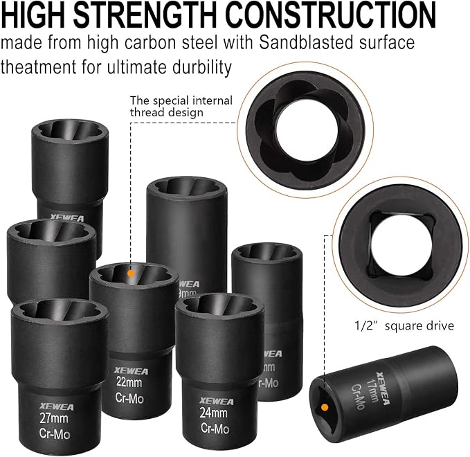 XEWEA 12PCS 1/2-Inch Drive Lug Nut Remover Set, Wheel Lock Removal Kit | Stripped Wheel Lock Removal Extractor, Cr-Mo Twist Socket Kit, For Removing Damaged, Frozen, Rusted, Studs