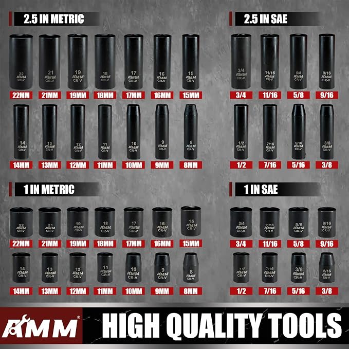 AMM 3/8" Drive Impact Socket Set, 48-Piece Standard SAE (5/16 to 3/4 inch) and Metric (8-22mm) Size, 3" and 6" Drive Extension Bar, Impact Universal Joint, 3/8" to 1/2" Impact Adaptor, CR-V