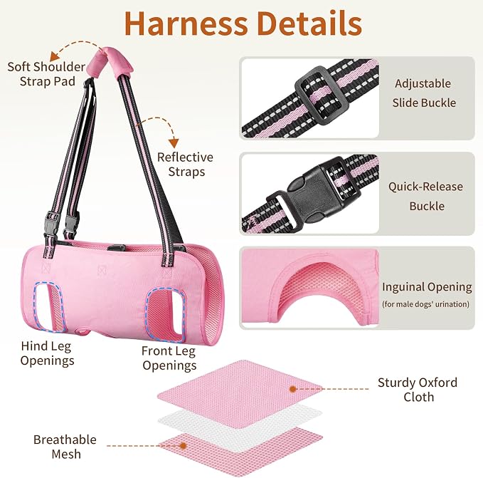Full Body Dog Lift Harness, Support Senior & Disabled Dogs Walking | Help Up & Down Stairs Grooming, Dog Sling Backpack, Front Hind Leg Joint Injuries, Reflective, Soft Padded Handle | Pink, M