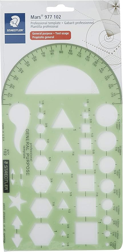 Staedtler Template, Geometric Shapes/Symbols, Protractor, Inch Scale, 9.5 x 5.5 Inches (977102)
