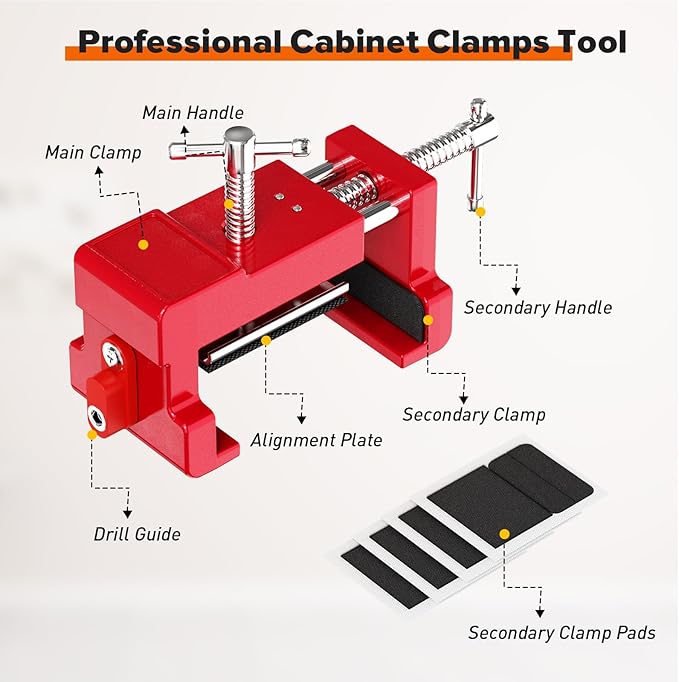 Cabinet Clamps, Cabinet Installation Cabinetry Clamps Face Frame Clamps Tools with Two Side Screws and Alignment Plate, 4 Pack, Red