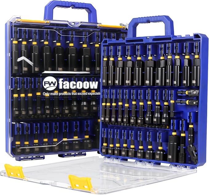 Facoow 55PCS Impact Nut Driver Set Magnetic, SAE&Metric Nut Drivers, Deep Impact Nut Drivers, Impact Socket Adapters, Wing Nut Driver, Power Bit,Quick Release Extension, Pivoting Nutsetter,Storage Box