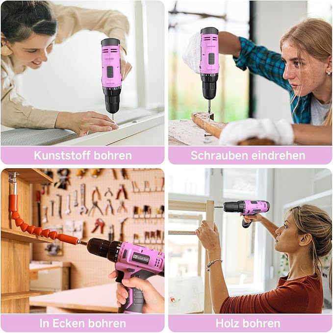 FADAKWALT Cordless Drill Set, 12V Power Drill Set with Battery and Charger, 3/8'' Keyless Chuck, 21+1 Torque Setting, 180 inch-lbs, Pink Electric Drill for Women's Garden DIY Projects（Pink)