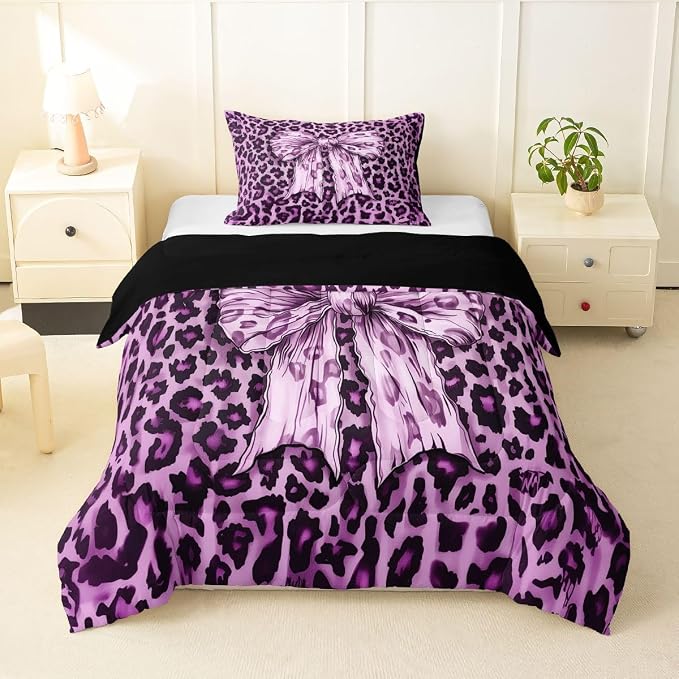 Feelyou Leopard Print Kids Comforter Set Toddler Size Purple Cheetah Print Bedding Set Bowknot Duvet Quilt for Kids Boys Girls Bedroom Decor Microfiber Ultra Soft Breathable