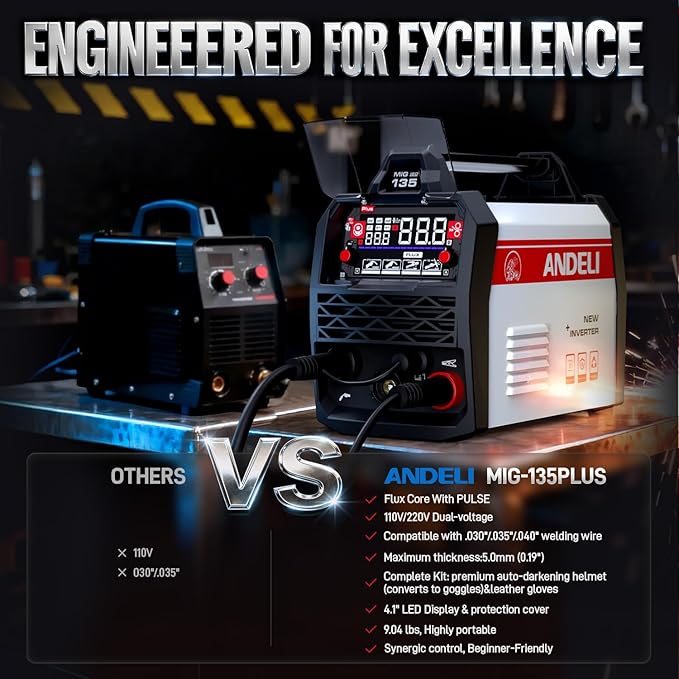 ANDELI 135A MIG Welder 110V/220V, PULSE Flux Core MIG/Lift Tig/Stick 3-in-1 Gasless MIG Welding Machine with Synergy，Large LED Display,2T/4T Full Kit (Bonus Welding Helmet & Gloves)