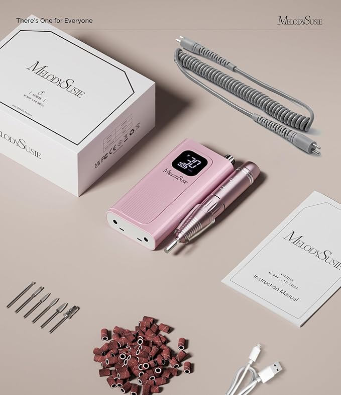 MelodySusie Entry-Level Clip-On Rechargeable Essential Nail Drill, SC300F 30000RPM E-File with LCD Display for All Manicure Shaping & Gel Removal, Ideal for Training,Nail Art Practice & Home Use, Pink