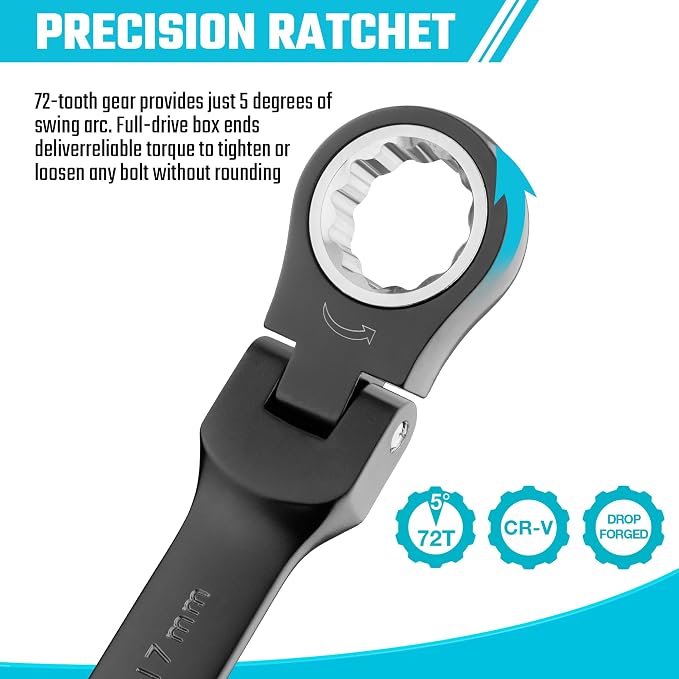 DURATECH 9-Piece Flex-Head Ratcheting Wrench Set, Metric | 8mm, 10mm, 11mm, 12mm, 13mm, 14mmm, 15mm, 16mm, 17mm,72 Tooth, Black E-Coating, CR-V Steel, Rolling Pouch
