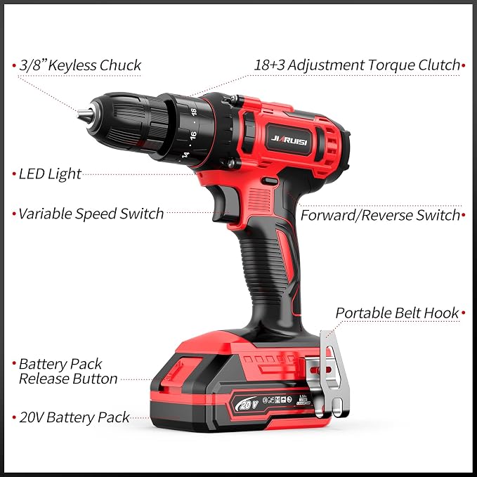 20V Cordless Drill, Electric Power Drill Set with Battery Charger and Carrying Case, 3/8” Keyless Chuck, 2 Variable Speed, 18+3 Torque, 72pcs Driver Bits and Belt Hook, Red