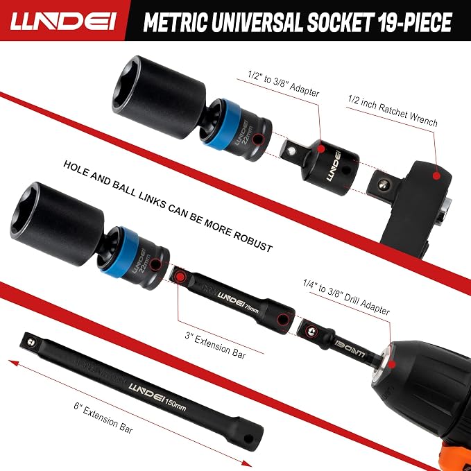 LLNDEI 3/8" Drive Deep Swivel Impact Socket Set 19Pcs CR-MO | Metric 8-22mm Wobble Sockets, 3"&6" Bars, for Engine Bay, Transmission Work, Exhaust Systems & Heavy Truck Repair