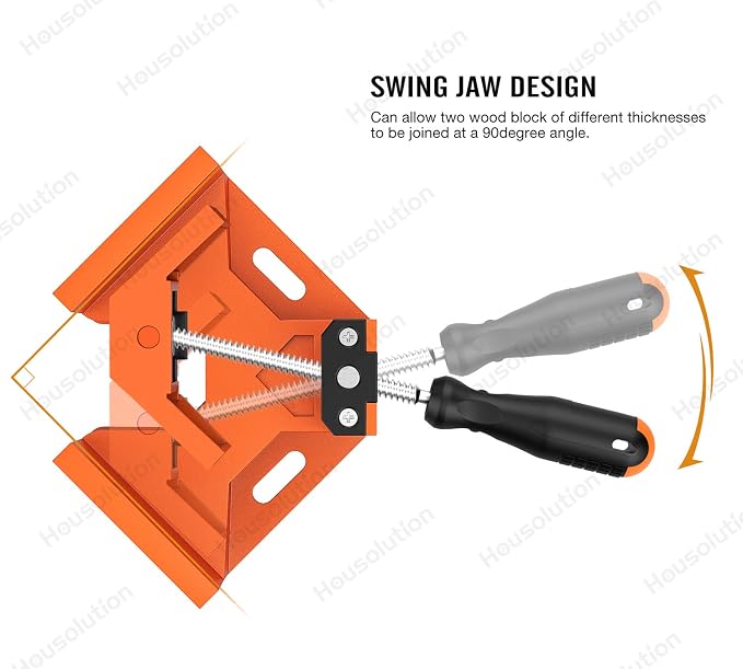 Housolution Right Angle Clamp, [2 PACK] Single Handle 90°Aluminum Alloy Corner Clamp, Right Angle Clip Clamp Tool Woodworking Photo Frame Vise Holder with Adjustable Swing Jaw - Orange