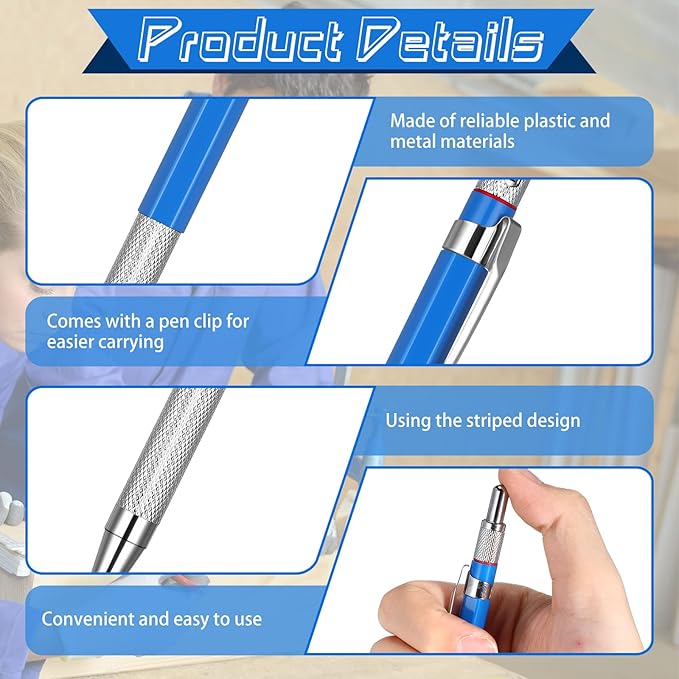 Nezyo 4 Pieces Welder Pencil with 60 Pieces Round Refills Mechanical Pencil Metal Marker Pen for Construction Workers, Metal Work, Welders, Plumbers, Framers (Black, Red, Yellow, Silver)