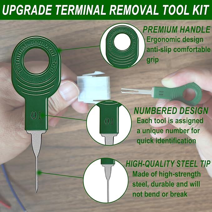 Automotive Electrical Terminal Removal Tool Kit Pro - 41+1Pcs Automotive Depinning Tool Kit Terminal Connector Removal Tools for Vehicle, Motorcycle & Electrical Applications, Green