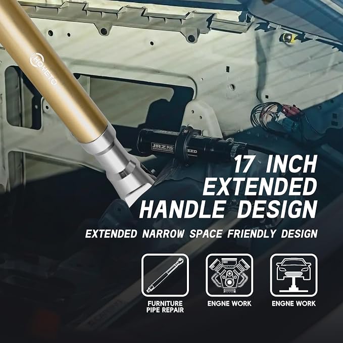 Gold 1/2" Offset Extension Wrench, 120Nm Impact Ratchet, 430mm | Premium gold finish & 42T precision gear for smooth operation. Specifically designed for narrow auto repair working spaces.
