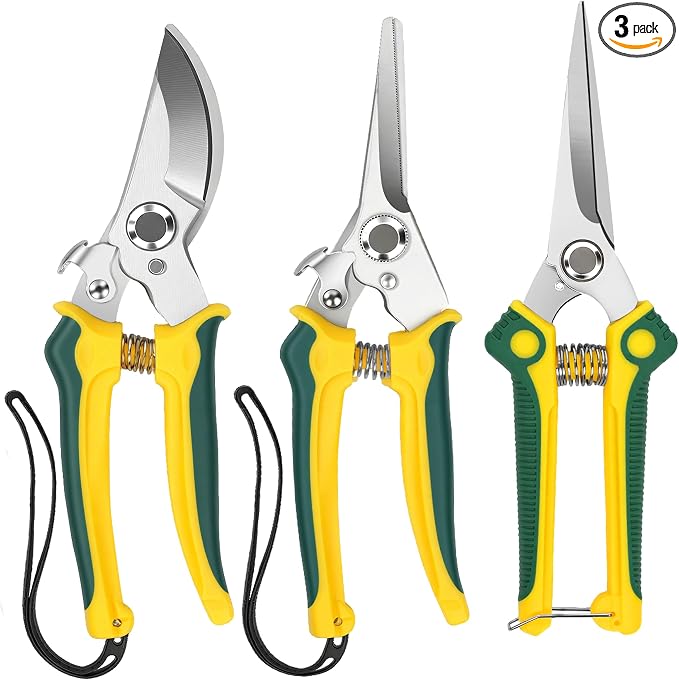 EWPJDK 3-Pack Stainless Steel Pruning Shears, Pruning Snips and Clippers for Gardening, Scissors Tools (Yellow)