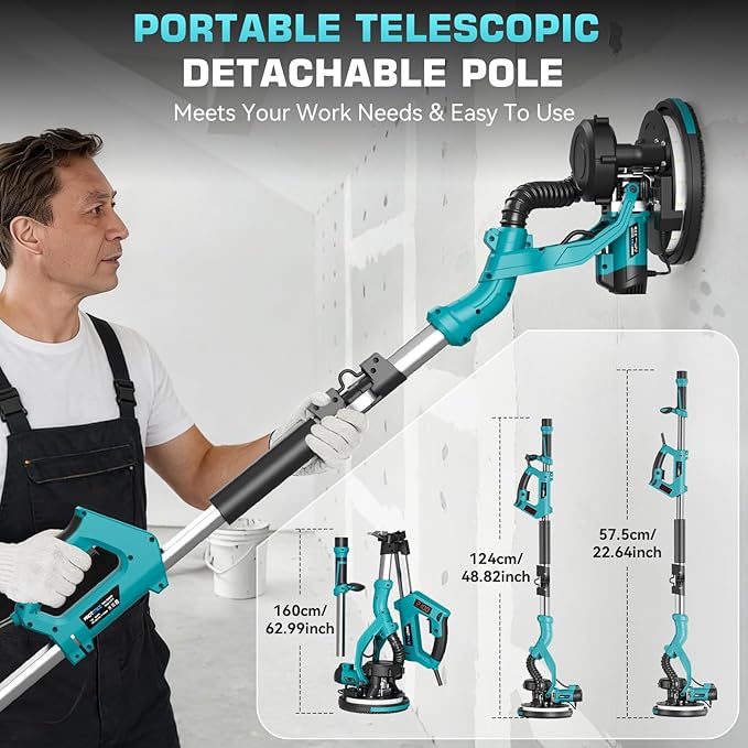 Drywall Sander with Vacuum Dust Collector, 1000W Popcorn Ceiling Removal Tool, Electric Drywall Sander with Digital Display Screen 9 Variable Speed 800-2100RPM, Foldable & Extendable Handle