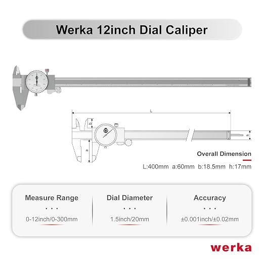 werka Dial Caliper 12 Inch, Shockproof Dial Caliper Measuring Tool with 0.001" Precision Micrometer Caliper with Custom Case, 4-Way Measurement, Stainless Steel