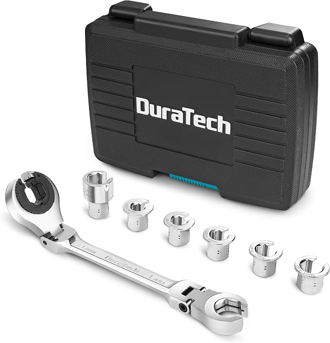 DURATECH 7-In-1 Ratcheting Wrench Set with Open Flex-head | Metric Ratcheting Tubing Wrench Set, 8-14mm, 72-Tooth Gear, CR-V Steel, with Tool Box, Gifts for Men