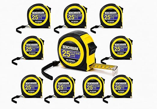10 Pack - Tape Measures 25ft / 7.5m – Inch & Centimeter Marks. Rugged Outer Shell with Easy Grip Design - High Visibility Steel Tape - Thumb Lock - Autowind - Belt Clip – Retractable Measuring Tape