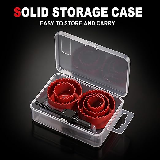 KATA 8PCS Hole Saw Kit 1" to 2-1/8"(25-54mm) Hole Saw Set in Case with 1PC Mandrels, 2PC Drill Bits and 1PC Hex Key for Soft Wood, PVC Board, Plywood, Red