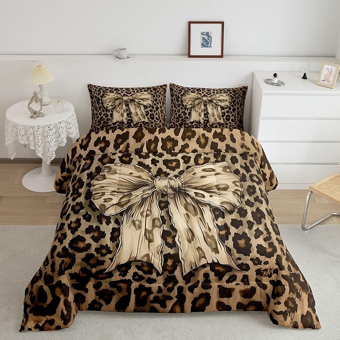 Feelyou Leopard Print Comforter Set Full Size Cute Bow Bedding Set for Kids Boys Girls Cheetah Animal Fur Duvet Quilt Bedroom Decor Microfiber 3 Pcs with 2 Pillow Cases