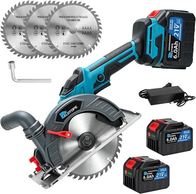 6" Cordless Circular Saw,6900 RPM Power Wood Saw with 2 X 6.0Ah Batteries, 6" Alloy Blade, 2.2"(90°)1.5"(45°) Max Cutting Depth,Portable Table Saw for Wood,Home Renovation