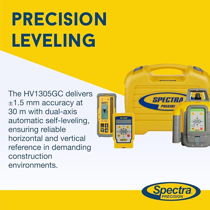 Spectra Precision HV1305GC Laser Kit with HL760U Receiver, RC402N Remote, M302 Wall Mount & Accessories — IP66, ±1.5 mm Accuracy, 1,200 m Range - Green Beam - Small Case