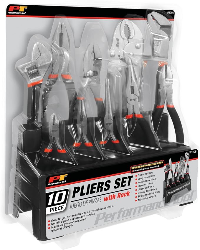 Performance Tool W1705 Pliers Set with Rack (10 Pieces) - Double Dipped Grip Handles, Heat-Treated Alloy Steel, Free Standing or Pegboard Hanging, Machined Jaws, Induction Hardened Cutting Edges