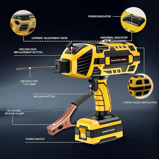 TRQWH Portable Handheld Welding Machine 110V IGBT Inverter Hand held Welder Gun, 20-120A Portable Welder 5 Variable Current Adjustments ARC Welding Gun, Fit for 1/16"-1/8" Welding Rods (Yellow)