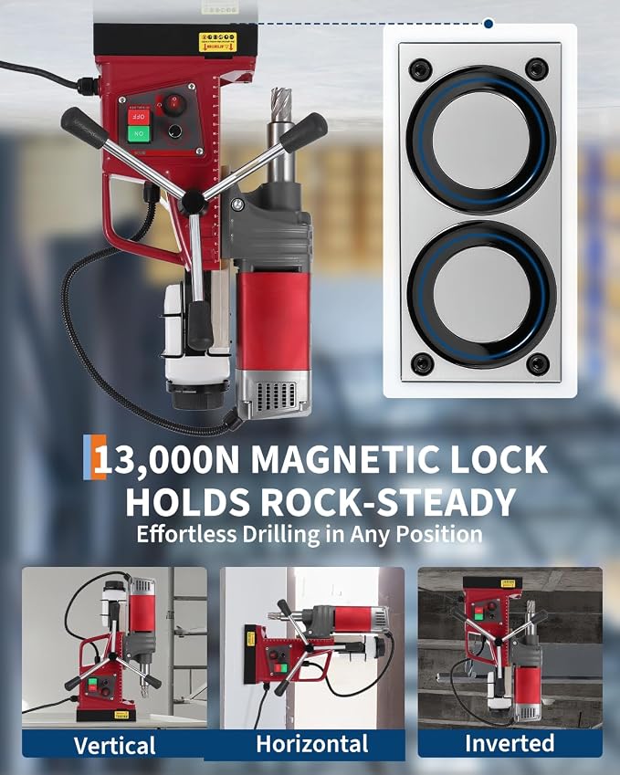 PrecisionAuto 1.57" Magnetic Drill Press – 1550W, 820RPM, 13000N Holding Force, Adjustable Speed & Adapter, Double Dovetail, 6 Coring Bits, Portable Mag Drill Machine for Steel & Metal (Chinese dubbed