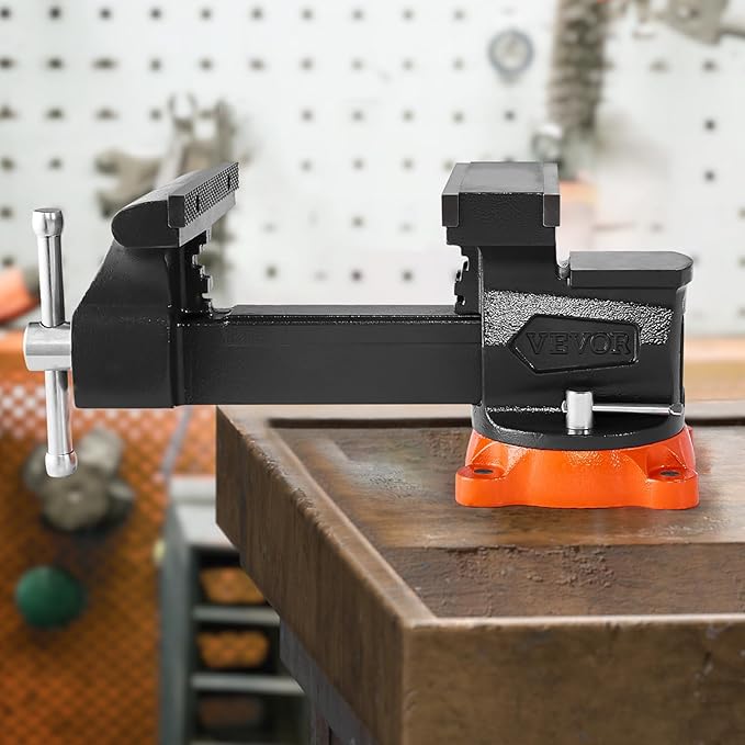 VEVOR Bench Vise, 8" Jaw Width, 8" Max Jaw Opening Multipurpose Vise with 360° Swivel Locking Base, 3.7" Throat Depth, Heavy Duty Ductile Iron Workbench Vise, Two-Way Jaws for Clamping Round Pipes