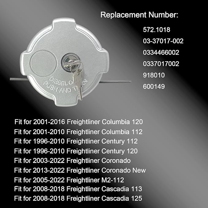 03-37017-002 Truck Fue/l Tank Locking Gas Cap, 1996-2022 Freightliner 108SD | Aluminum, Fits 114SD 122SD Argos/y Cascadia Columbia Diese/l Semi Truck, 3 In 1/4 Quarter Turn with Keys & Gaskets, 2PCS