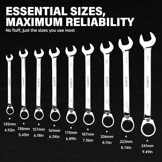 JUJIAN TEC 9-Piece SAE Ratcheting Combination Wrench Set | 72-Tooth Reversible Ratchet, Cr-V Steel, 1/4" – 3/4", Roll-Up Pouch