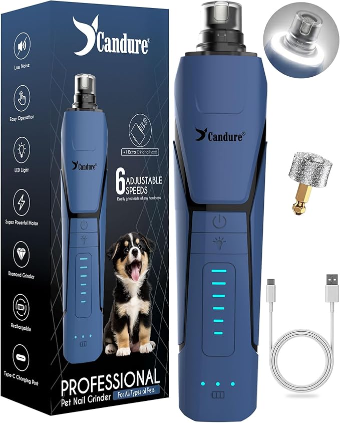 Candure Dog Nail Grinder Upto 6-Speed Dog Nail Trimmer for Large, Medium, Small Dogs, Cats & Pets - Low Noise Rechargeable Dog Claw Grinder with 360° LED Lights & Extra Grinder Head (Dark Blue)