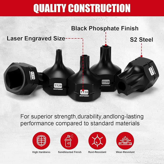 MIXPOWER 13-Piece 3/8" Drive Stubby Impact Torx Bit Socket Set,TT10-TT70, S2 Steel Air Drive Low Profile Socket Set,Impact Grade,Anti-Roll Design