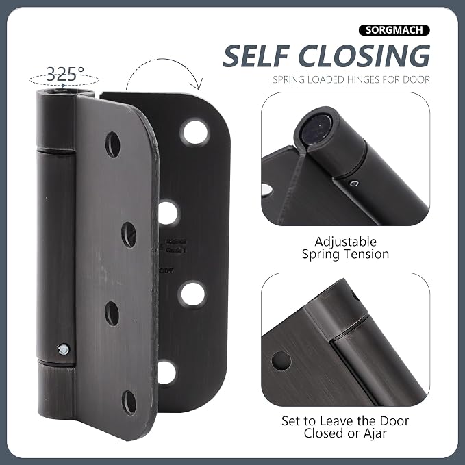 Self Closing Hinges 4 inch Oil Rubbed Bronze Auto Close Hinge 4 x 4 Inch Spring5/8 Radius Corner Commercial Adjustable Door Closer Hinge UL Listed, 6 Pieces