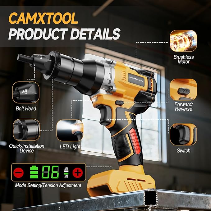 Cordless Rivet Nut Gun for Dewalt 20V Max Battery, Electric Rivet Nut Tool with 1/4", 5/16", 3/8" Nut Head, Portable Battery Powered Rivetnut Tool, Auto Mode & Memory Mode, Tool Only