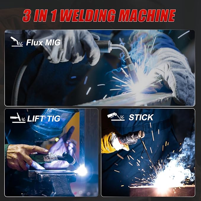 145A MIG Welder, 3 in 1 Flux Core/Lift TIG/Stick Welding Machine 110V IGBT Inverter Gasless Welder with Synergy Control for Metal Repair & DIY Projects
