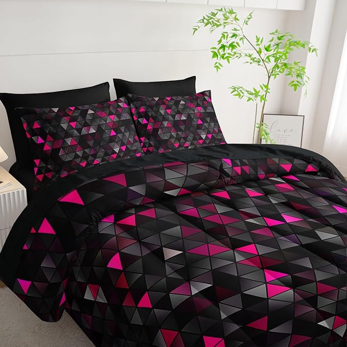 Nttopship Geometric Pink Black Triangle Queen Size Comforter Set,Light Honeycomb Bedding Set 7 Piece in A Bag,Bed Sheet Set Geometry Decor,Microfiber Lightweight All Season