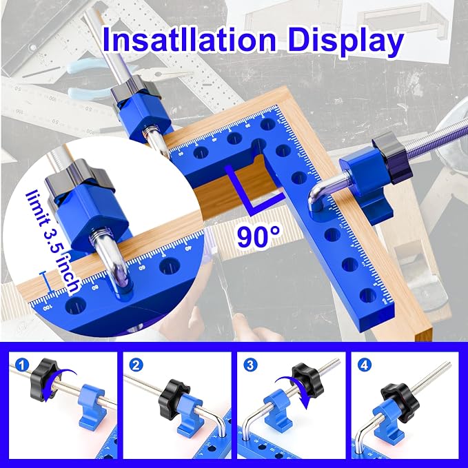 Corner Clamps for Woodworking, 5.5” 4 Pcs 90 Degree Aluminum Corner Clamp With Storage Box, Precision Dual Scale Right Angle Positioning Squares for Wood Frame, Jigs, Drawers, Cabinets.(Blue).