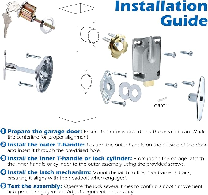 Garage Door Lock Set with T Handle, Center Mount Deadbolt Lock with Keyed Cylinder, Complete Installation Kit for Most Garage Doors Up to 2-1/2" Thick